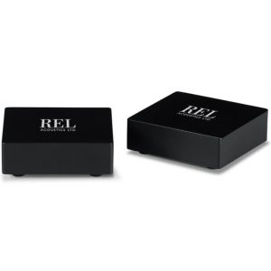 Pair of black REL Acoustics LTD subwoofers with glossy tops and small feet