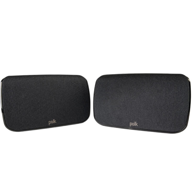 Polk Audio Sr1 Wireless Surround Speakers For Magnifi Max Pair of black polk bookshelf speakers with fabric grilles and rounded corners.
