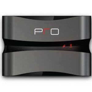 PRO branded curved, glossy gray and black electronic device with a narrow central band and red icons