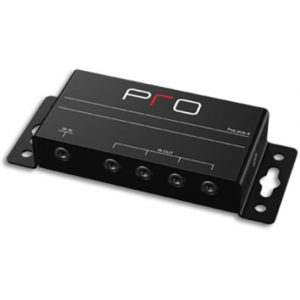 PRO-branded five-output pedal power supply with mounting brackets.