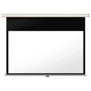 Pull-down projector screen with black top casing and white screen surface.