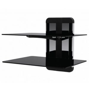 Black two-tier glass wall shelf with central vertical support and rounded corners