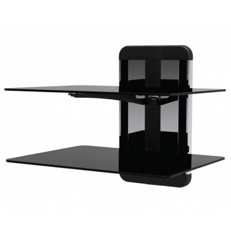 Revtek Zms1200 Avf Unimax Any Wall Tv / Av Accessory Shelving Black two-tier glass wall shelf with central vertical support and rounded corners