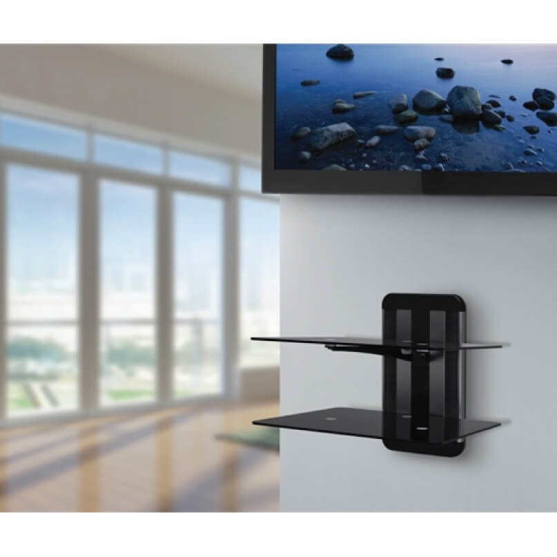 Revtek Zms1200 Avf Unimax Any Wall Tv / Av Accessory Shelving Two-tier black glass wall shelf mounted beneath a flat-screen tv.