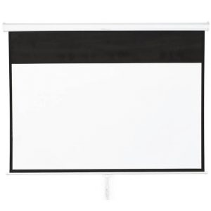 Manual pull-down projector screen with white projection surface and black border.