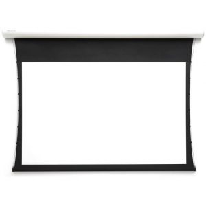 Manual pull-down projector screen with white surface and black housing.