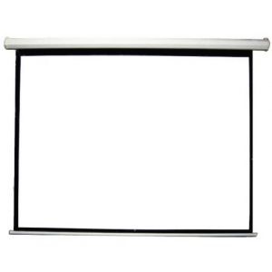 Manual pull-down projector screen with white projection surface and black metal frame