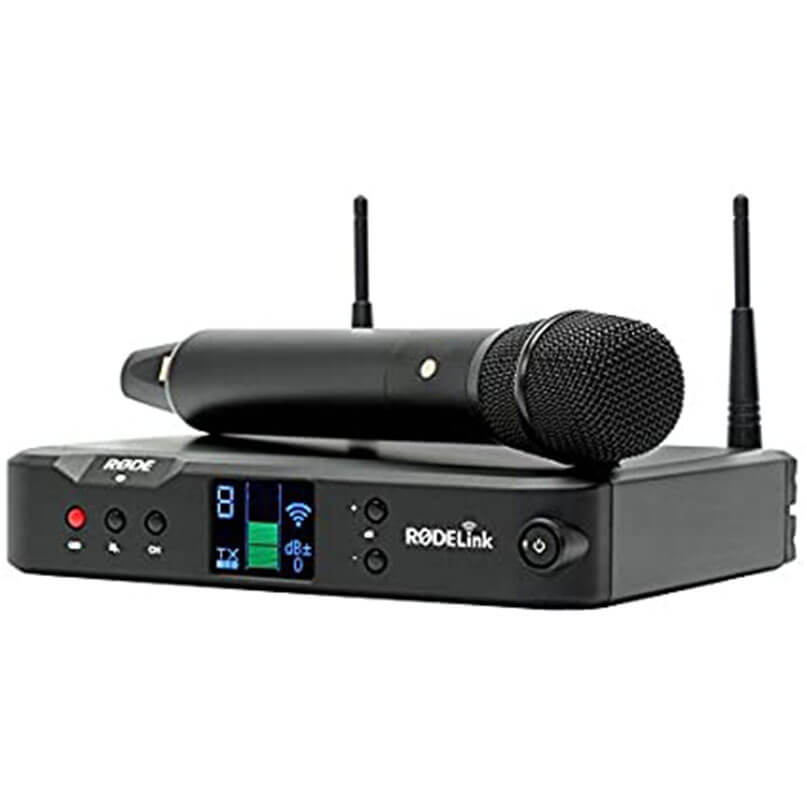 Rode Rodelink Performer Kit Rodelink wireless microphone system with handheld mic, two antennas, and blue lcd display on receiver.