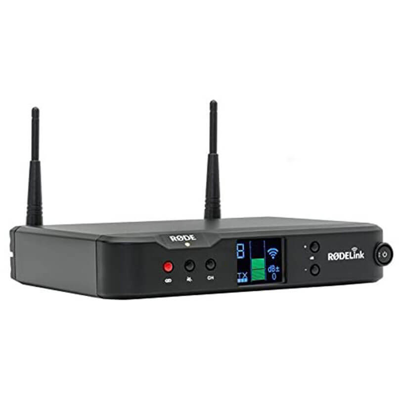 Rode Rodelink Performer Kit Rodelink wireless microphone receiver with dual antennas, compact black body, lcd display, and control buttons.