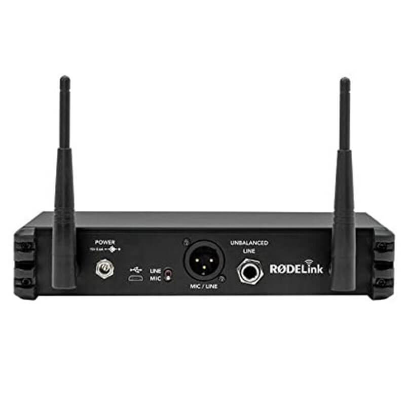 Rode Rodelink Performer Kit Rodelink wireless microphone receiver with dual antennas, xlr mic input, and balanced line output.