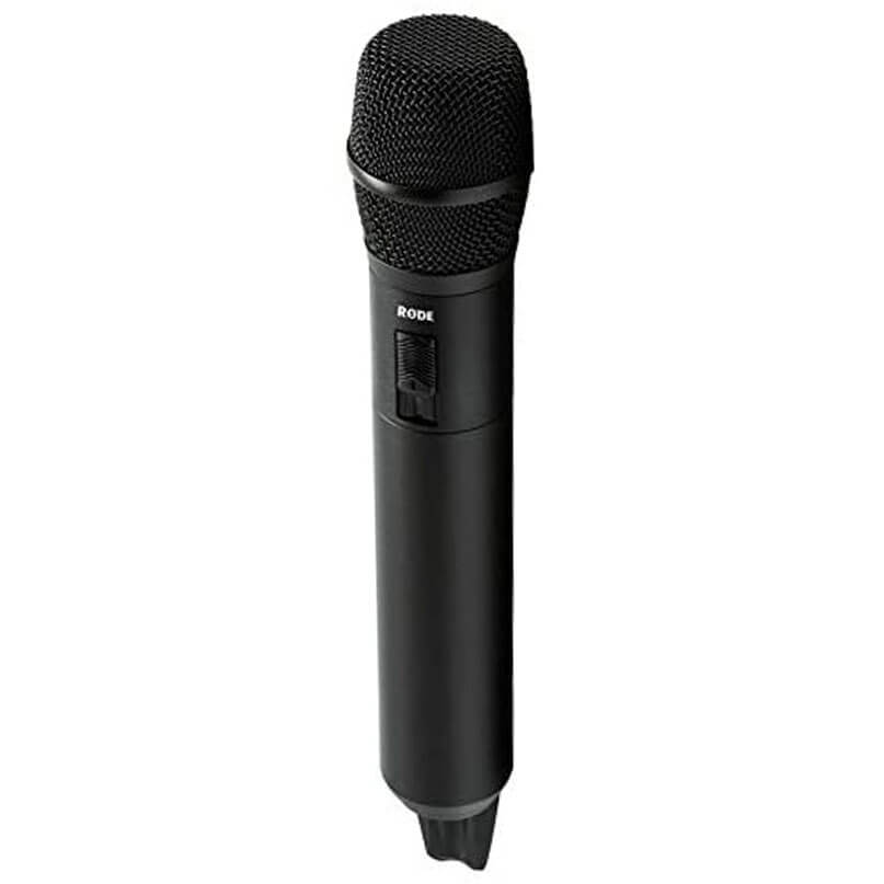 Rode Rodelink Performer Kit Rode handheld dynamic microphone with black matte body and on/off switch.