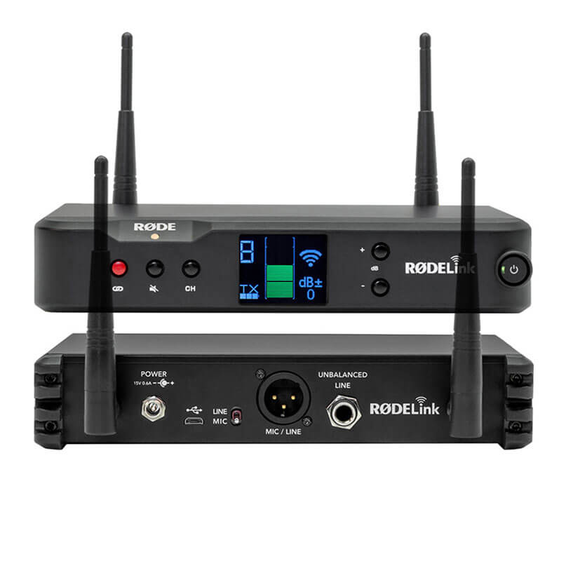 Rode Rodelink Performer Kit Rodelink wireless microphone system receiver and transmitter with two antennas and lcd display.