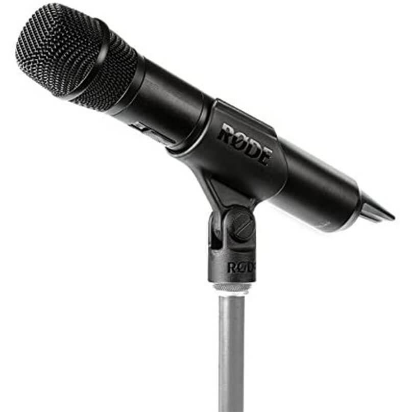 Rode Rodelink Performer Kit Rode microphone with mesh grille mounted on a black stand.