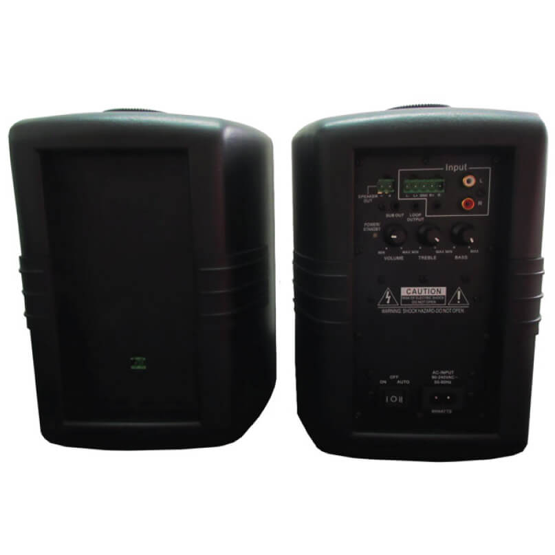 Revtek Bslact525Bl Blue Square Labs Powered Speaker Pair of black portable powered speakers; back panel shows input terminals and knobs for volume, treble, and bass.