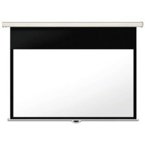 Manual pull-down projector screen with beige roller housing and white projection surface.