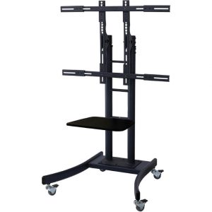Mobile TV stand with dual vertical mounting rails, adjustable arms, small shelf, and four caster wheels.
