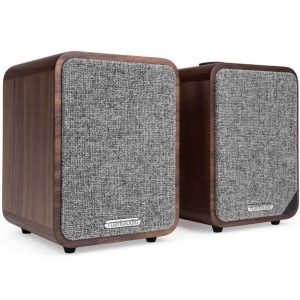 Pair of MarkAudio wooden bookshelf speakers with gray fabric grills and walnut veneer.