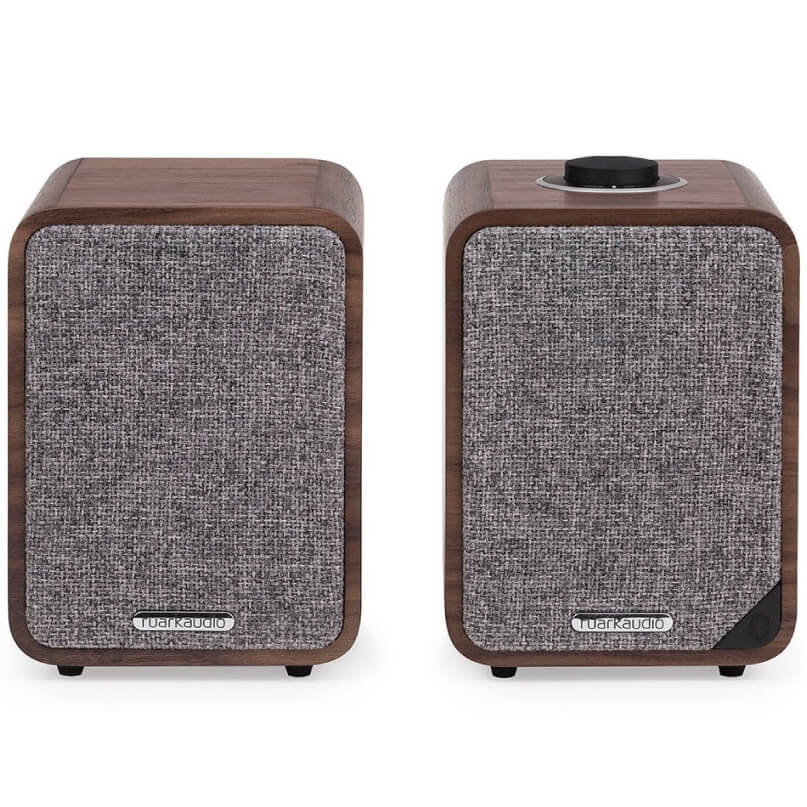 Ruark Audio Mr1 Mk2 Bluetooth Speakers Ruark audio wireless bookshelf speakers in walnut finish with grey fabric grilles and a top control knob