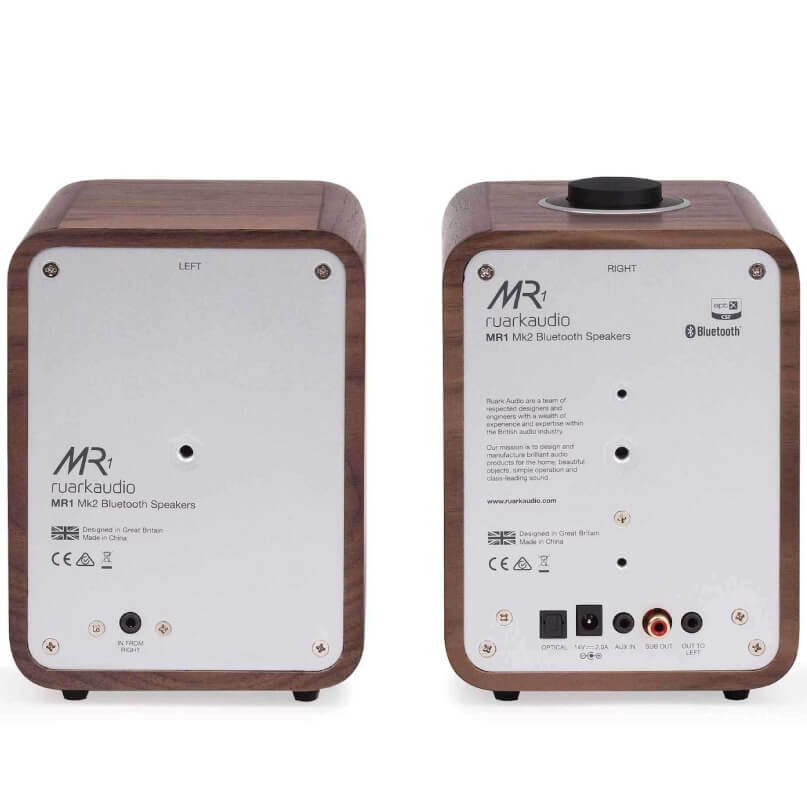 Ruark Audio Mr1 Mk2 Bluetooth Speakers Pair of ruark audio mr1 mk2 bluetooth speakers in walnut wood finish with front silver panels and rear connector ports