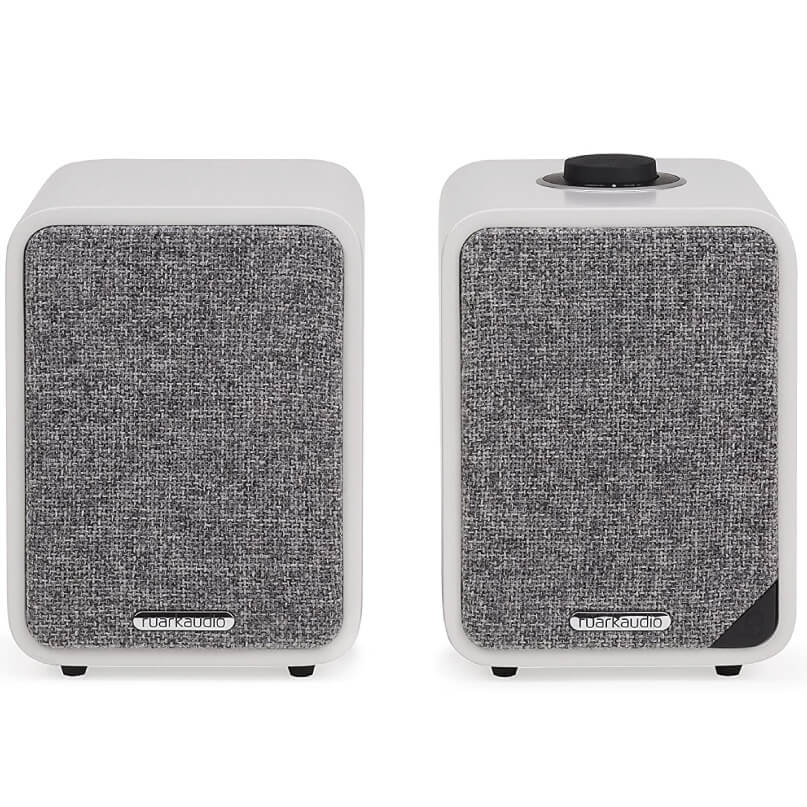 Ruark Audio Mr1 Mk2 Bluetooth Speakers Ruark audio compact wireless bookshelf speakers with gray fabric front panels and white enclosures, one with a top control dial.
