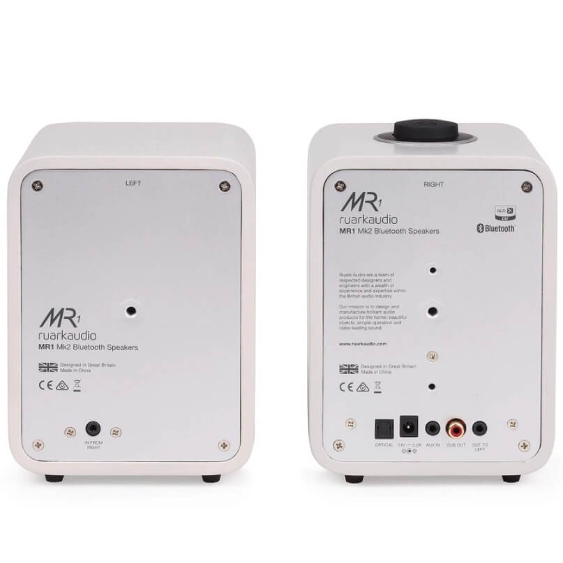 Ruark Audio Mr1 Mk2 Bluetooth Speakers Ruark audio mr1 mk2 bluetooth speakers, left and right units with rear panels, right unit featuring a top knob.