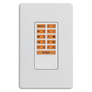 White wall plate with an inset orange keypad featuring numeric keys and media control buttons.