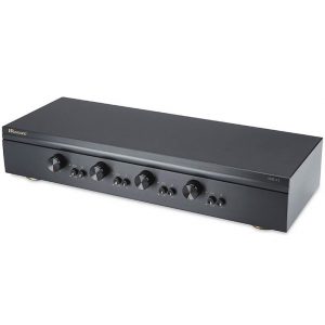 Russound multi-room stereo amplifier with front-panel knobs and switches.