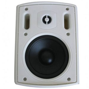 White wall-mounted speaker with a large black woofer, a small tweeter, and two vertical side slots