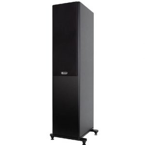 Tall black floor-standing speaker with fabric grille, small brand badge, and four adjustable feet.