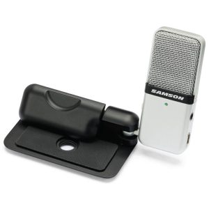 Samson desktop microphone with silver mesh grille and black desk mount clip.