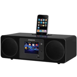 Sangean black dock stereo with iPhone cradle, touchscreen display, USB port, and two large front speakers.