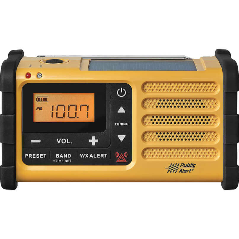 Sangean Mmr-88 Fm/Am/Handcrank/Solar/Emergency Alert Radio Public alert portable yellow emergency weather radio with solar panel, digital display, and speaker grille.