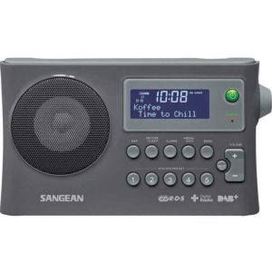 Sangean digital clock radio with large left speaker, blue LCD display showing time, multiple buttons, and green power button