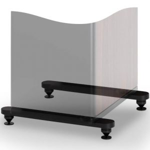 Curved-edge glass divider panel on a black dual-rail adjustable stand with four feet.