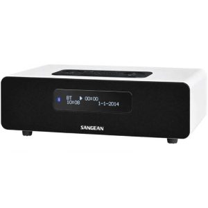 Sangean digital clock radio with Bluetooth, black front panel and blue LCD display.