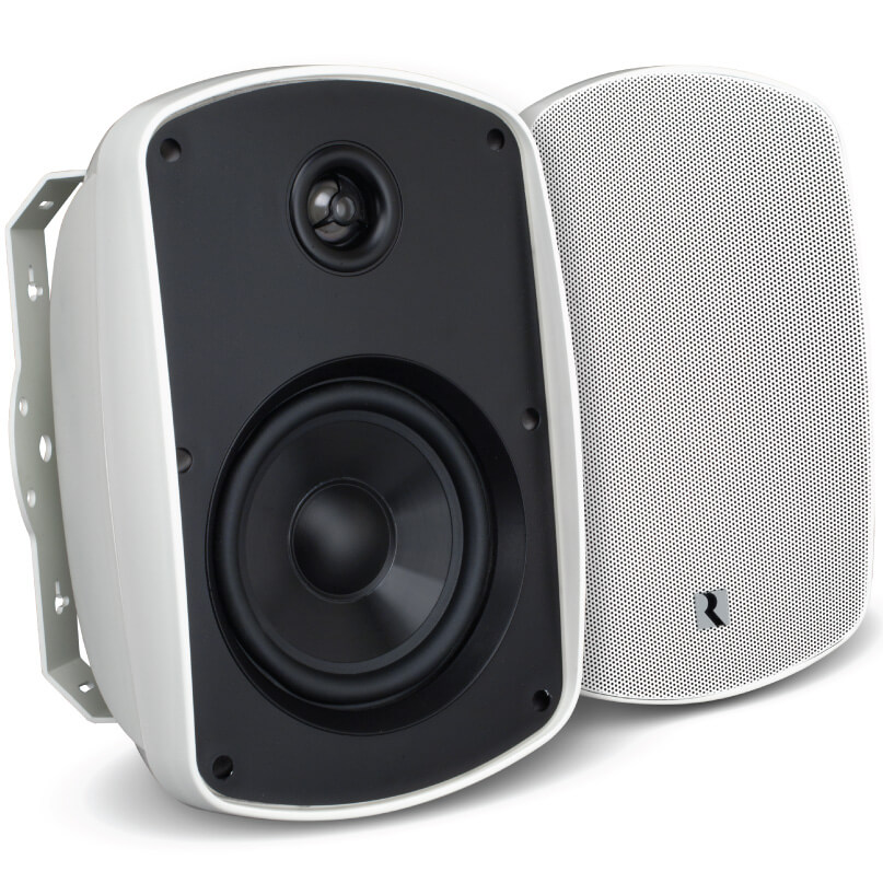 Pair of white bookshelf studio monitor speakers with black front panel and a detached perforated grille.