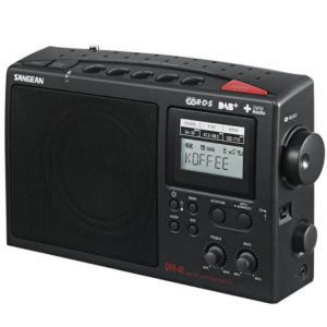 Sangean DPR-45 portable DAB+/FM digital radio with large left speaker, LCD display, tuning knob on right, and multiple control buttons.