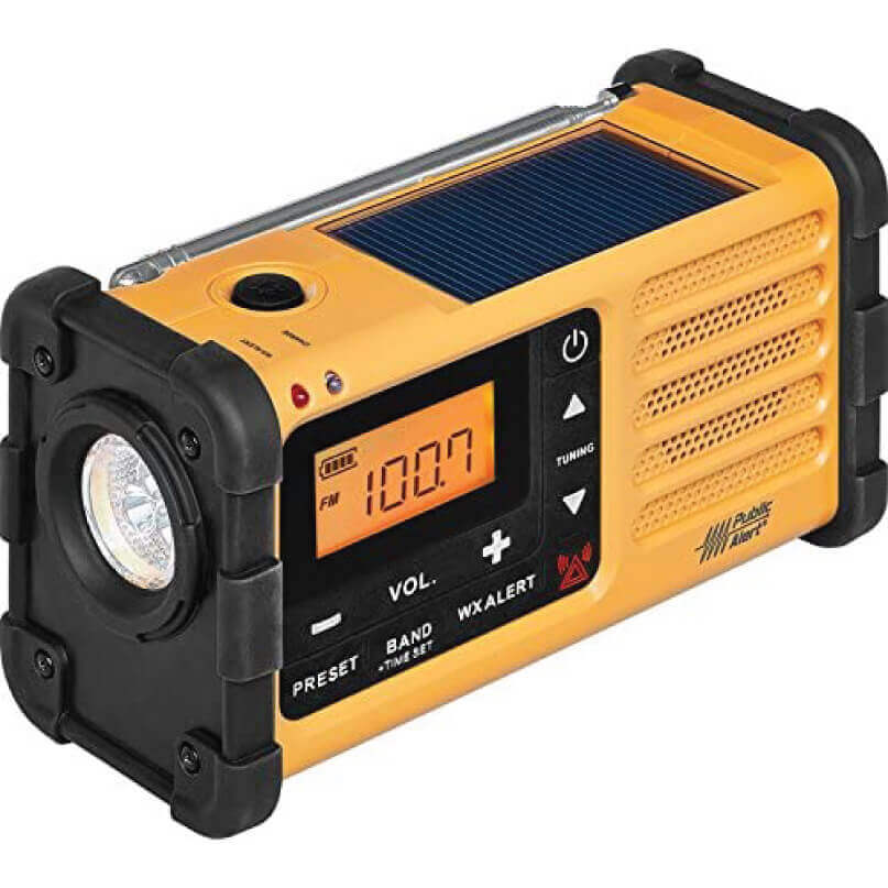 Sangean Mmr-88 Am/Fm / Handcrank / Usb / Solar Emergency Alert Radio Rugged yellow emergency radio with solar panel on top, built-in flashlight, fm tuner, and wx alert display.