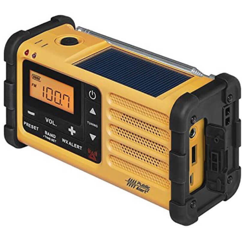 Sangean Mmr-88 Am/Fm / Handcrank / Usb / Solar Emergency Alert Radio Public alert solar-powered handheld emergency radio with yellow rugged case, solar panel, and fm display showing 100. 7.