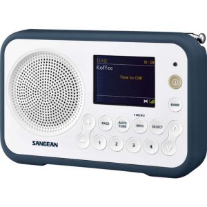 Sangean DAB digital radio with white front panel, large circular speaker, color display, and numeric keypad.