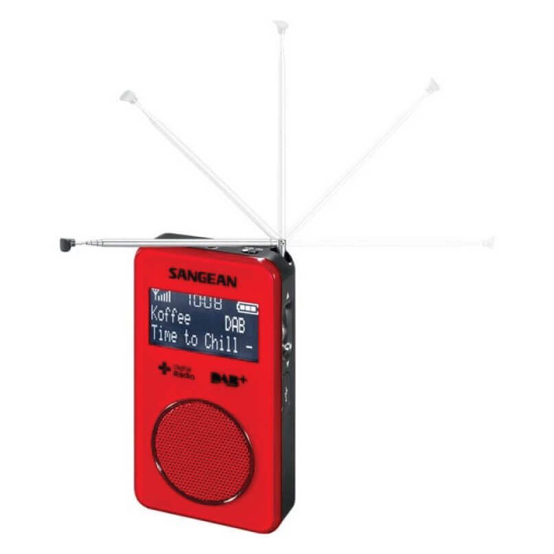 Sangean Dpr-35R Dab+/Fm Pocket Radio Sangean red digital radio with dab display, lcd screen showing time to chill, and large circular speaker.