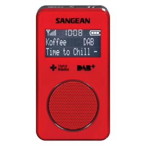 Red handheld Sangean digital radio with DAB+ display, showing Koffee DAB and Time to Chill, and a large circular speaker.