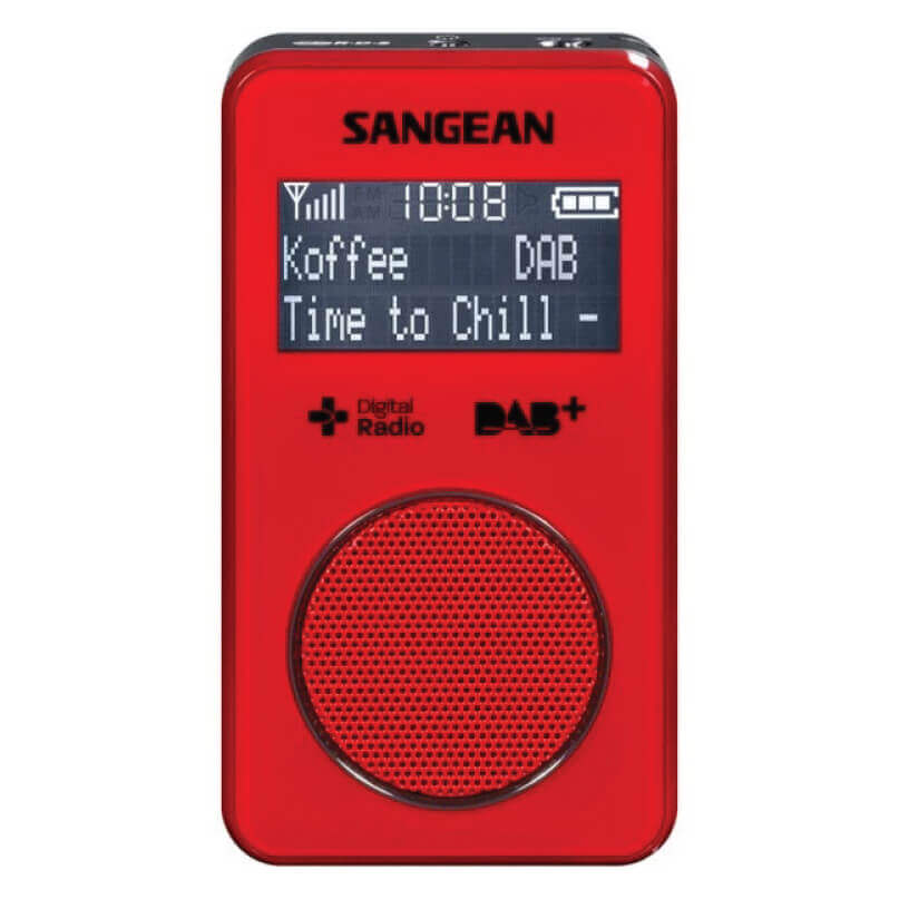 Sangean Dpr-35R Dab+/Fm Pocket Radio Red handheld sangean digital radio with dab+ display, showing koffee dab and time to chill, and a large circular speaker.