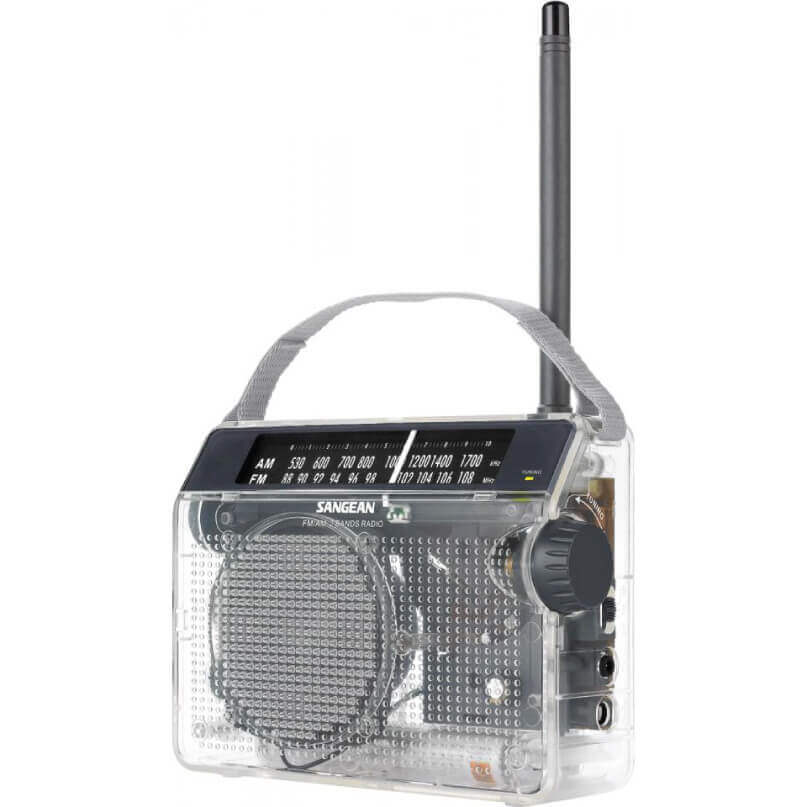 Sangean Pr-D6Cl Am/Fm Compact Analogue Tuning Portable Receiver Sangean portable am/fm radio with a transparent plastic case, built-in speaker, tuning dial, tall telescoping antenna, and a carrying strap.