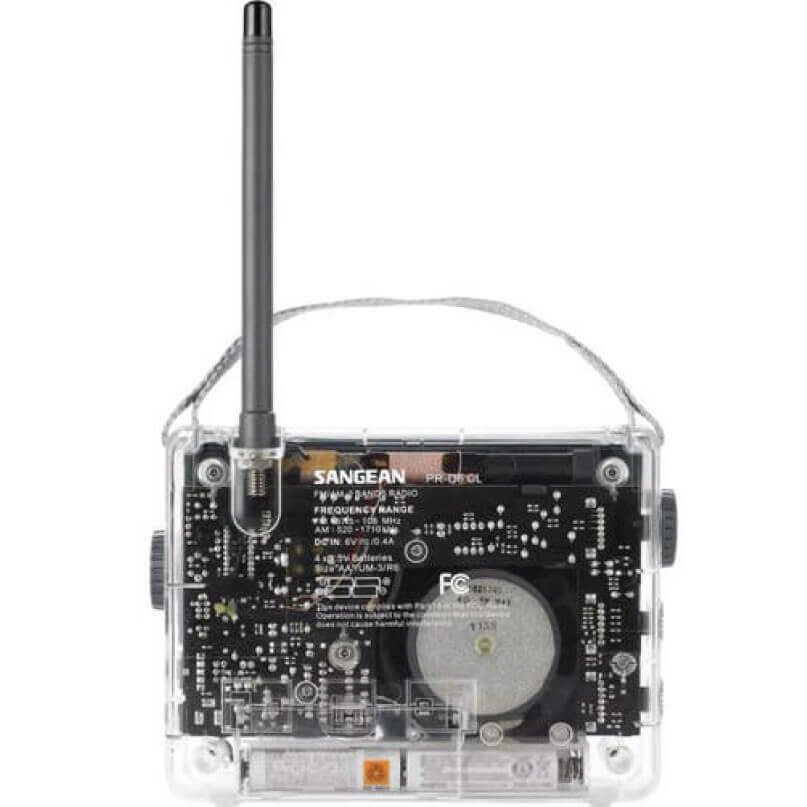 Sangean Pr-D6Cl Am/Fm Compact Analogue Tuning Portable Receiver Sangean portable radio in a clear acrylic case with a tall external antenna.