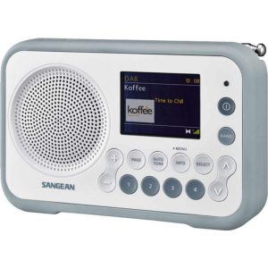 Sangean portable DAB digital radio with large front speaker, color display, and numeric keypad.