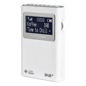 White Sangean DAB+ digital radio with a silver-framed display showing time and station name.
