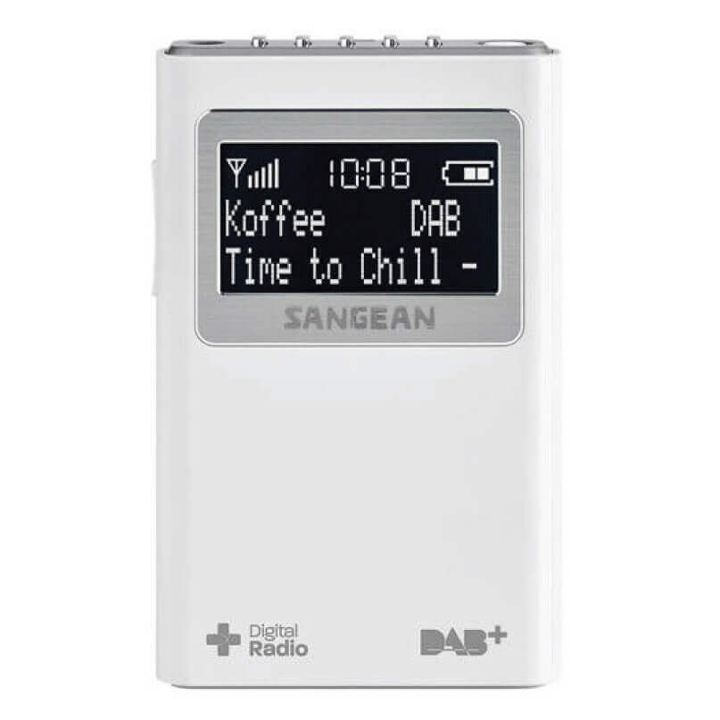 Sangean Dpr-39Wh Dab+/Fm Pocket Radio White sangean portable digital radio with dab+ display showing koffee time to chill and time 10:08.