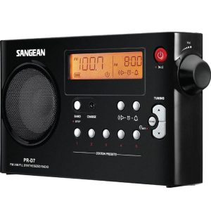 Sangean PR-D7 FM/AM PLL synthesized radio with orange LCD display, left speaker and right tuning knob