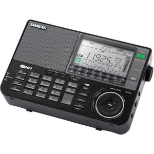 Sangean portable digital radio with large speaker, numeric keypad, LCD display, and circular tuning dial.